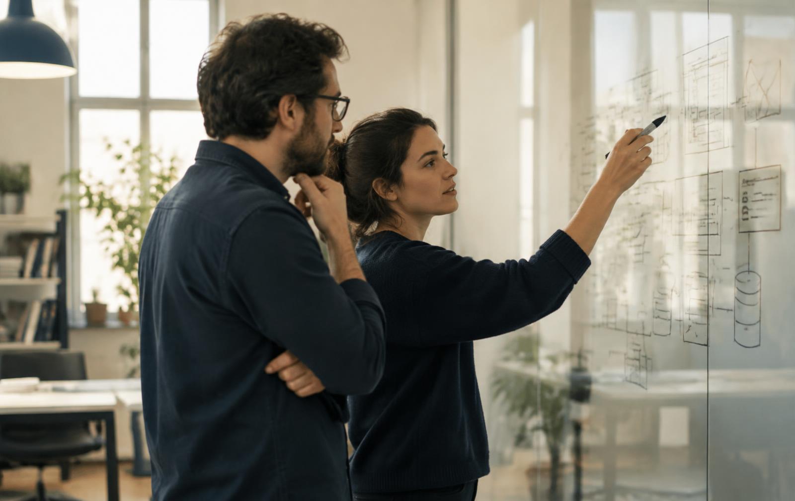 Two engineers reviewing an architecture diagram during a consulting session