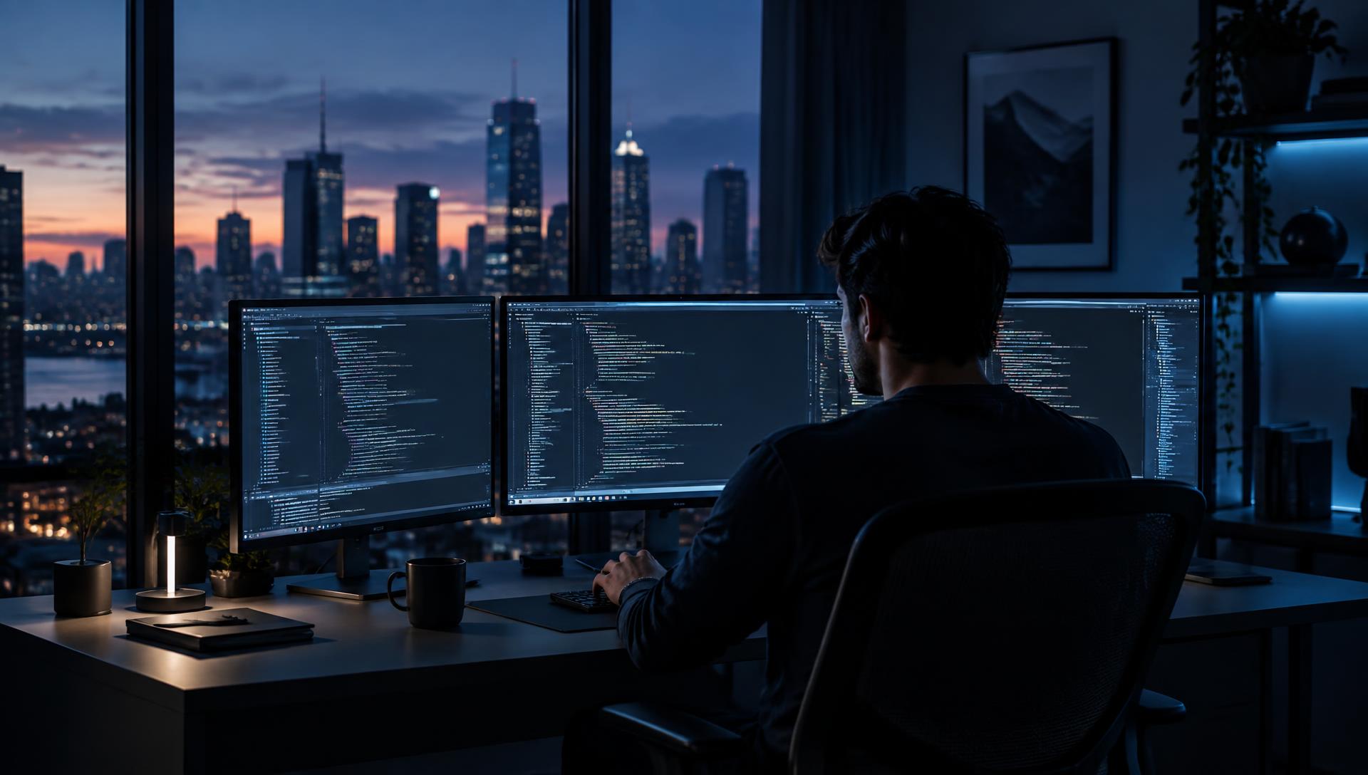 Developer workstation with code editors open across multiple monitors