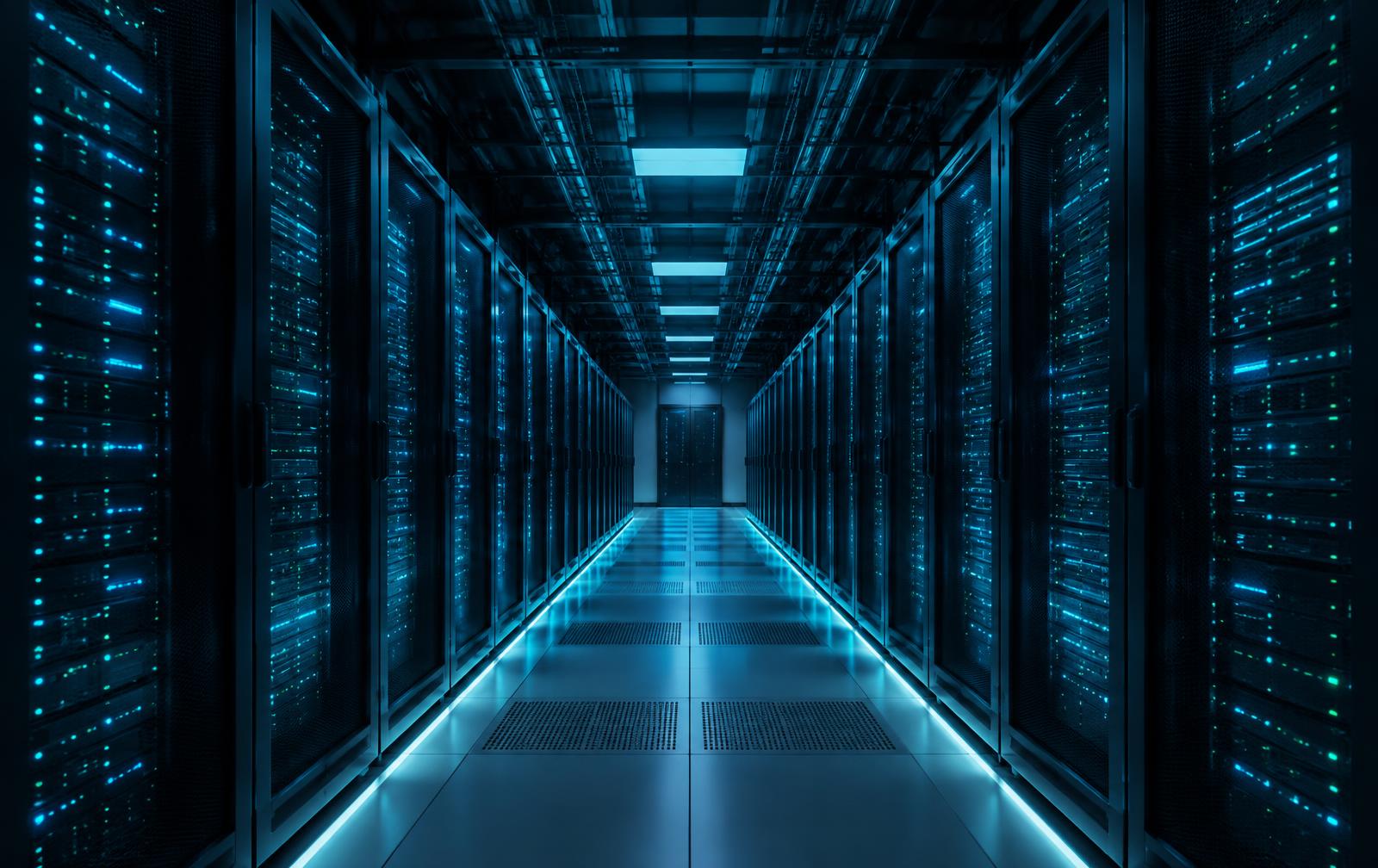 Server racks with status indicators in a data centre corridor